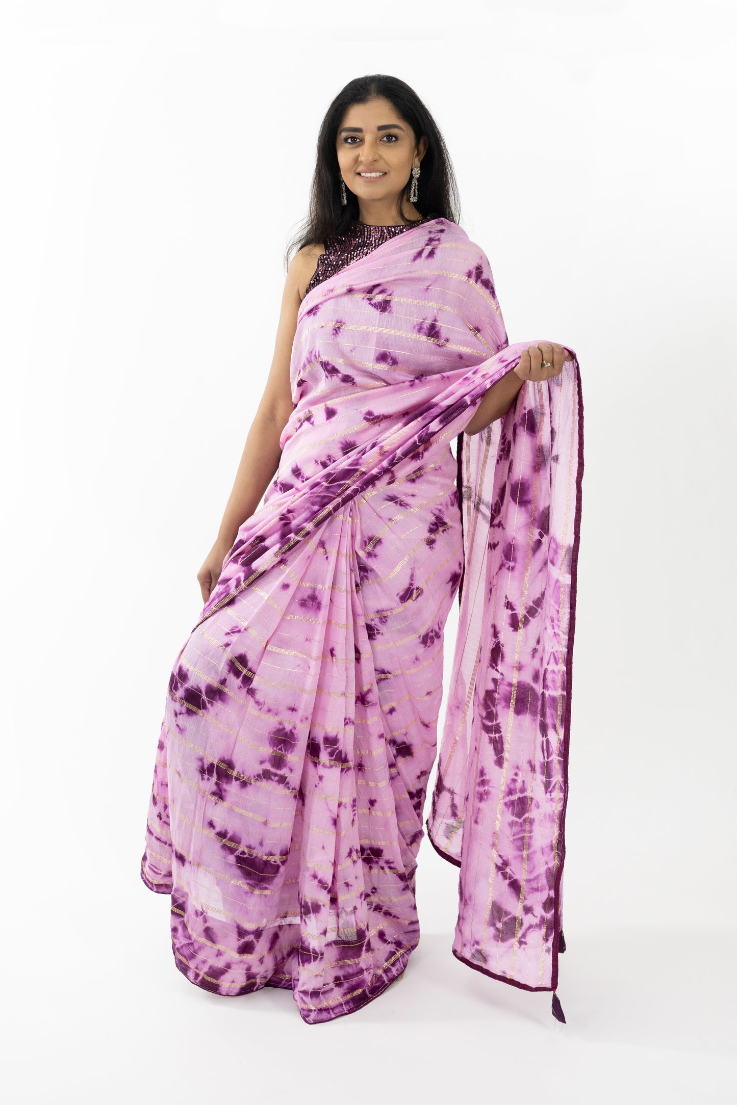 Close-up of a purple ready-made saree with exquisite detailing, perfect for weddings and festive celebrations