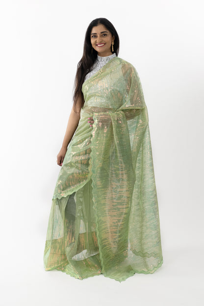 Model showcasing the front view of a Lime Aura Net Saree in a refreshing lime hue with intricate embroidery, perfect for special occasions
