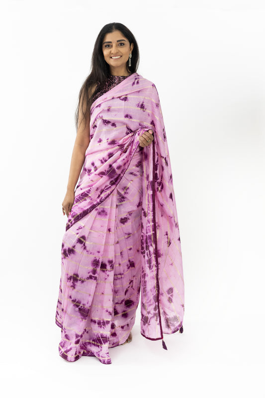 Close-up of a purple ready-made saree with exquisite detailing, perfect for weddings and festive celebrations.