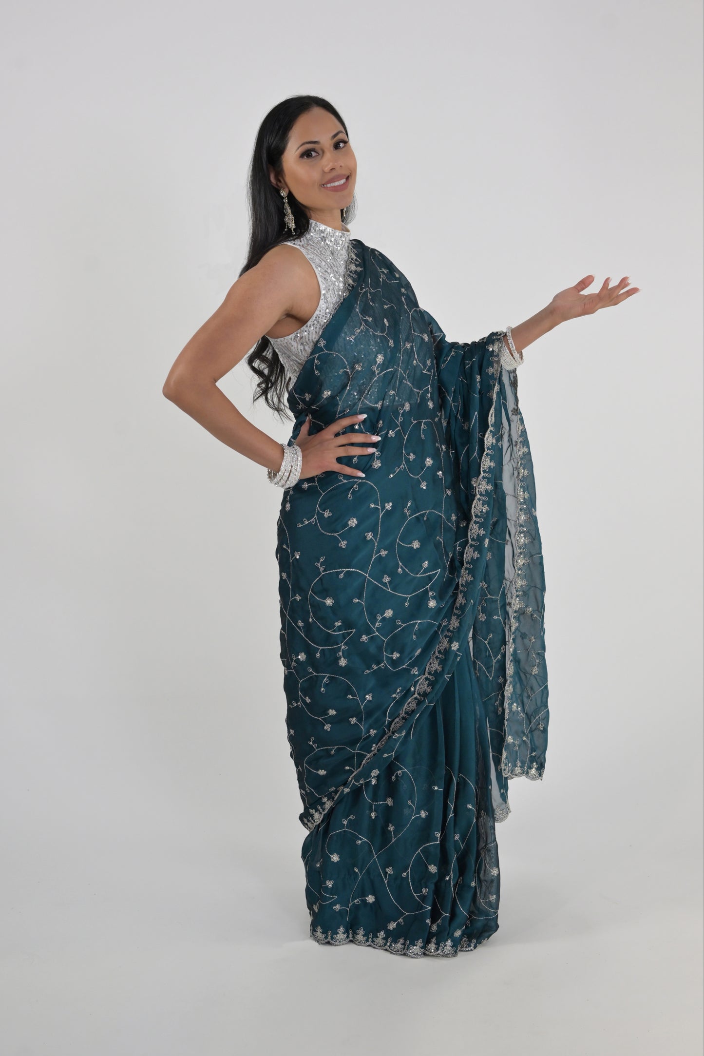 Midnight Teal Embroidered Rangoli Ready Wear Saree