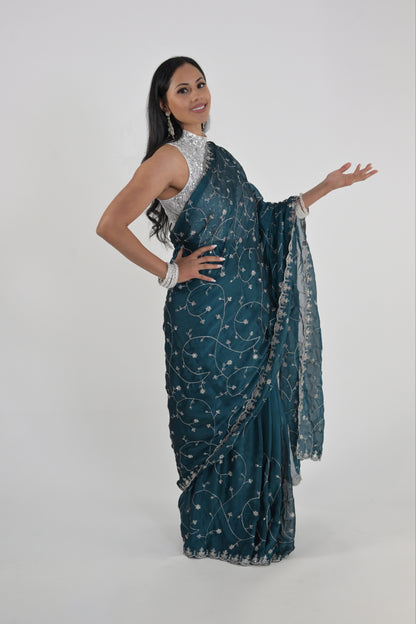 Midnight Teal Embroidered Rangoli Ready Wear Saree