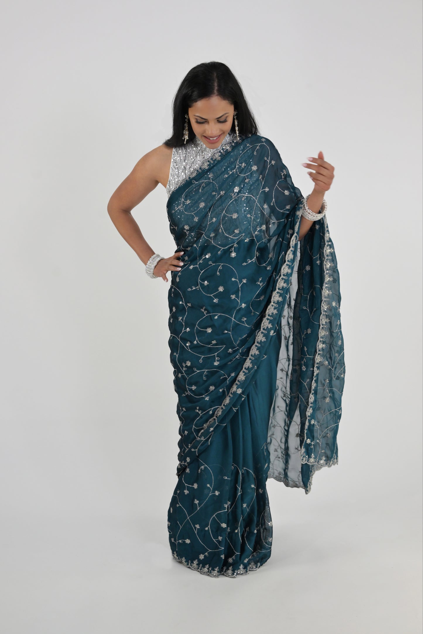 Midnight Teal Embroidered Rangoli Ready Wear Saree