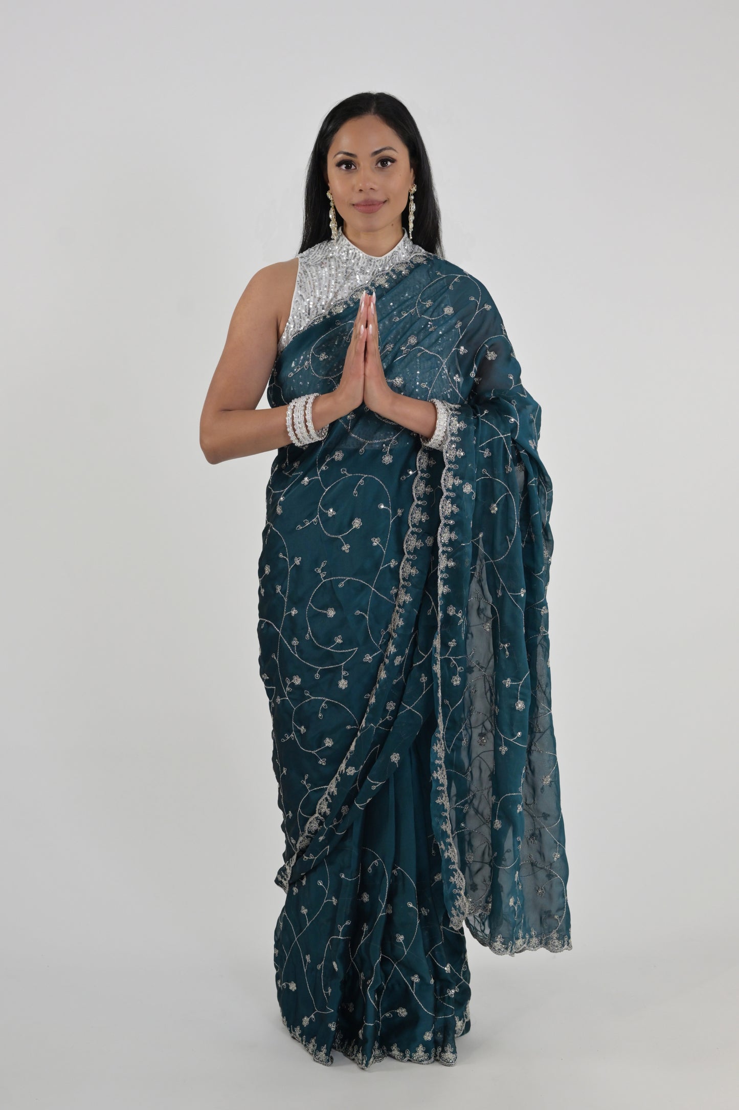 Midnight Teal Embroidered Rangoli Ready Wear Saree
