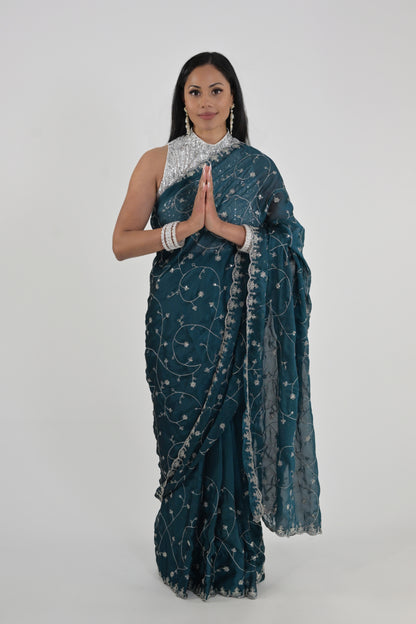 Midnight Teal Embroidered Rangoli Ready Wear Saree