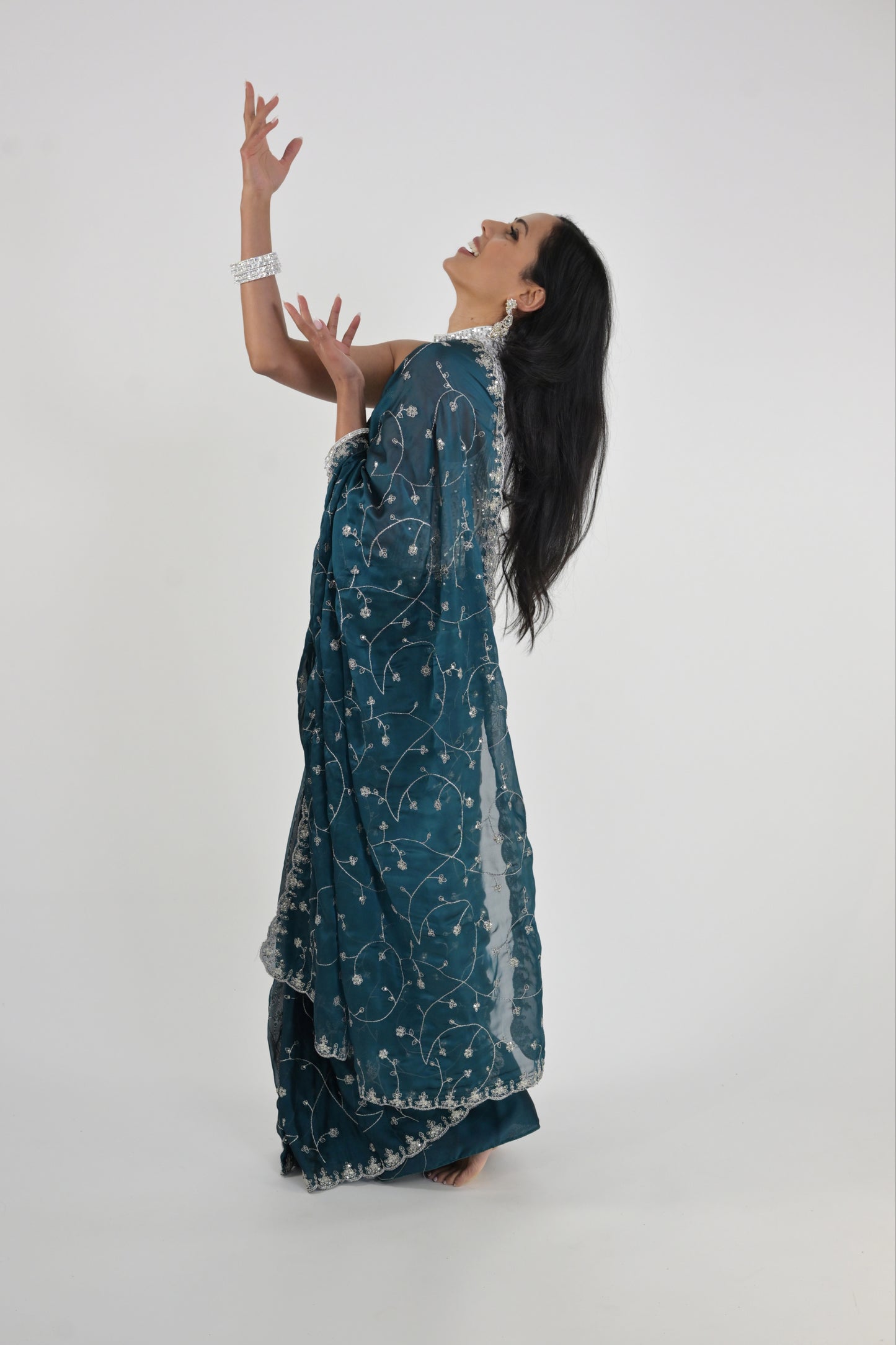Midnight Teal Embroidered Rangoli Ready Wear Saree