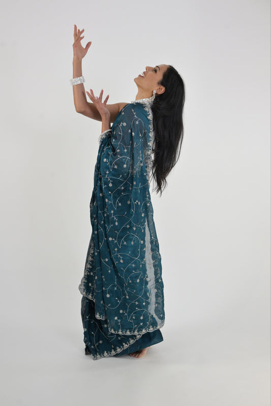 Midnight Teal Embroidered Rangoli Ready Wear Saree