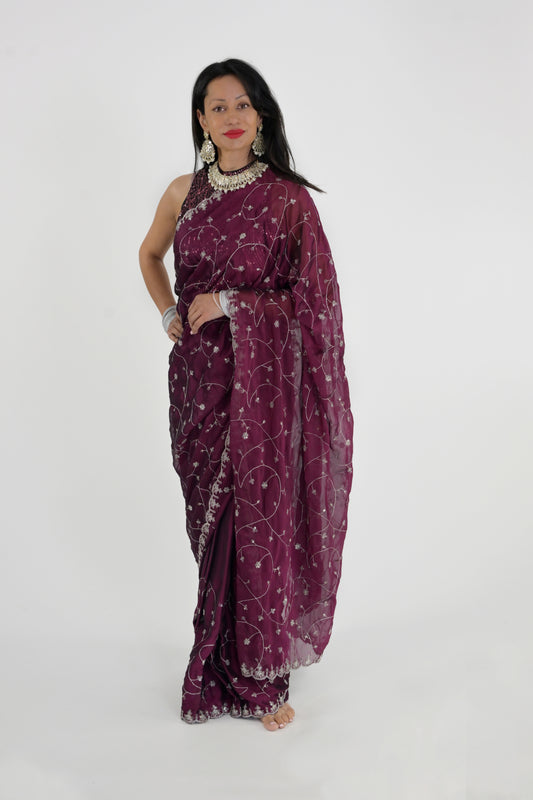 Mystic Wine Embroidered Rangoli Ready Wear Saree