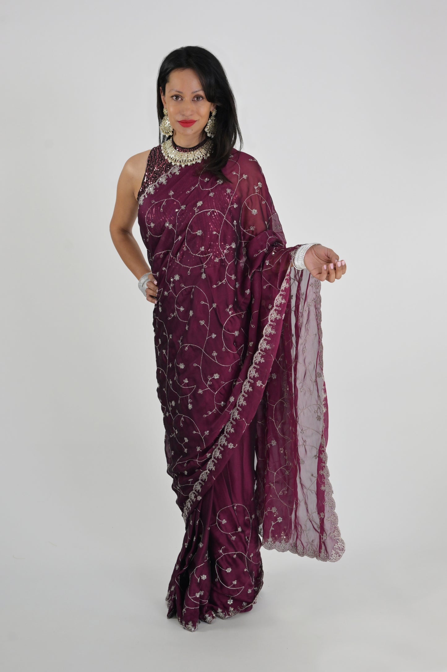 Mystic Wine Embroidered Rangoli Ready Wear Saree