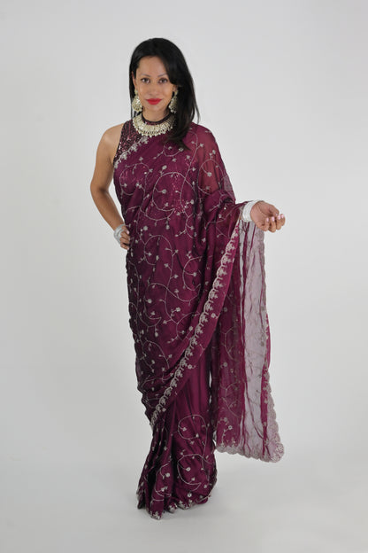 Mystic Wine Embroidered Rangoli Ready Wear Saree