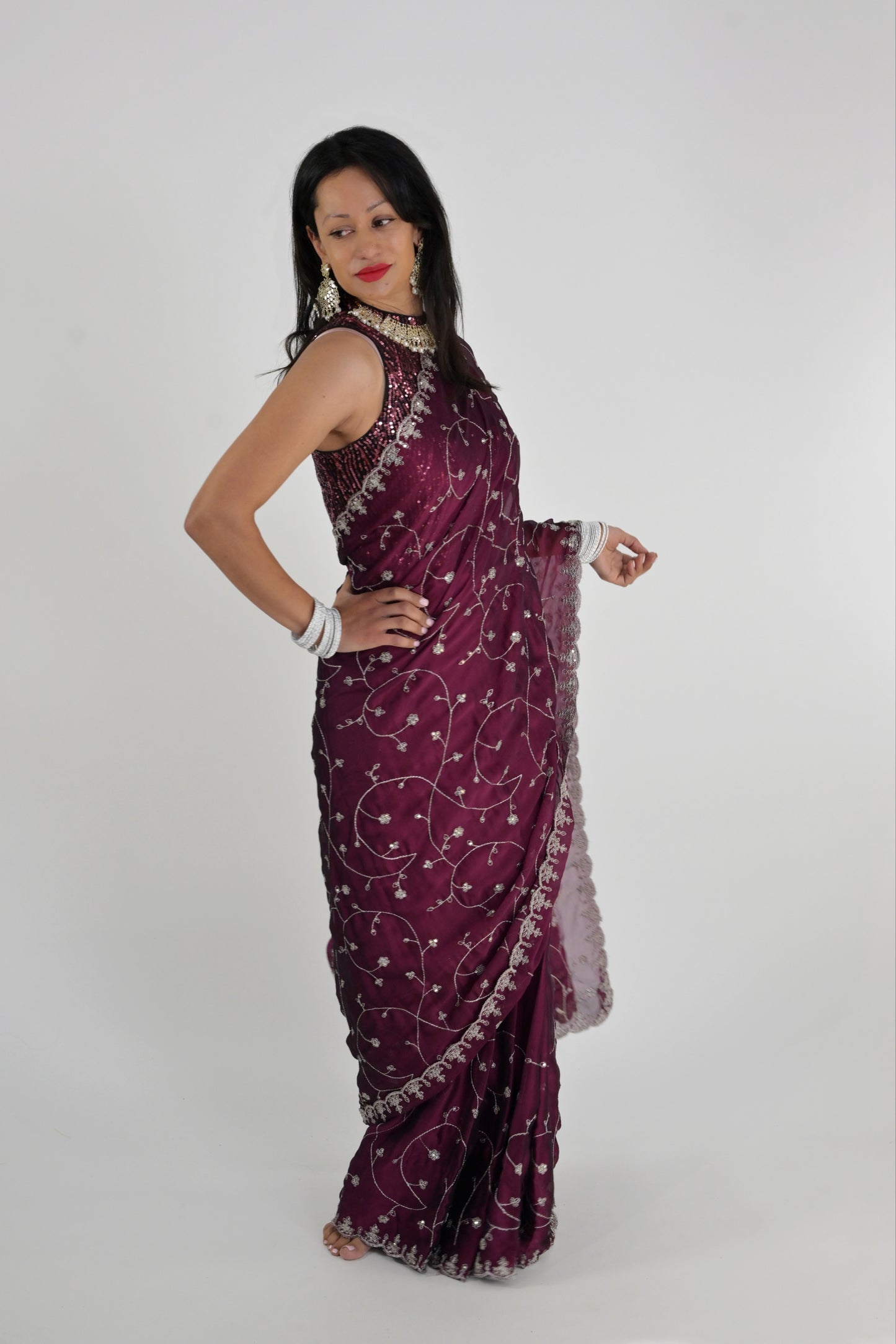 Mystic Wine Embroidered Rangoli Ready Wear Saree