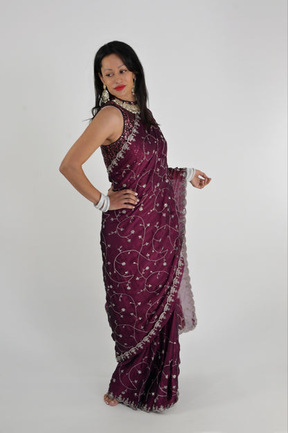 Mystic Wine Embroidered Rangoli Ready Wear Saree
