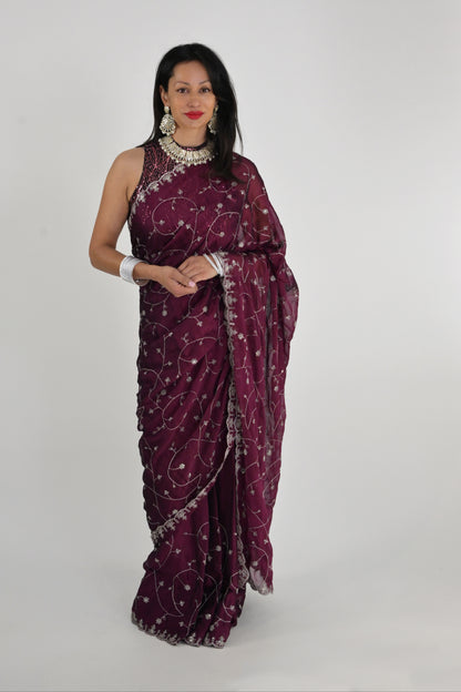 Mystic Wine Embroidered Rangoli Ready Wear Saree