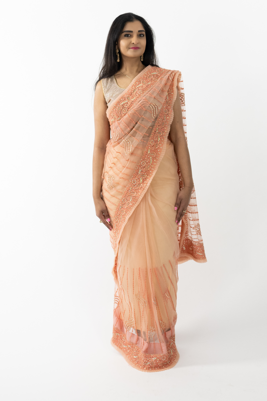The image shows a person elegantly draped in a peach net saree. The saree features intricate ship motifs that add a touch of nautical charm. The delicate net fabric is light and airy, providing a graceful and flattering silhouette. This saree is perfect for special occasions, exuding sophistication and elegance.